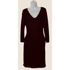ANN KLEIN Wm 6 Brown Bodycon V-Neck Long Sleeve Rushing Sides Lined Midi Dress